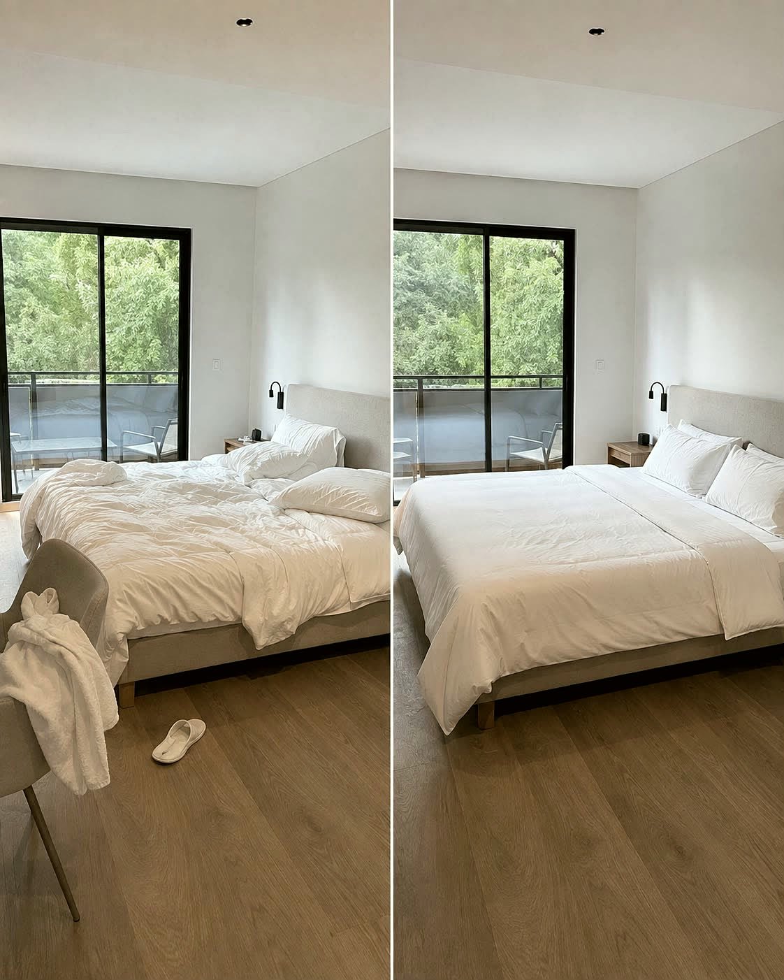 Deux chambres identiques préparées pour l'arrivée de voyageurs