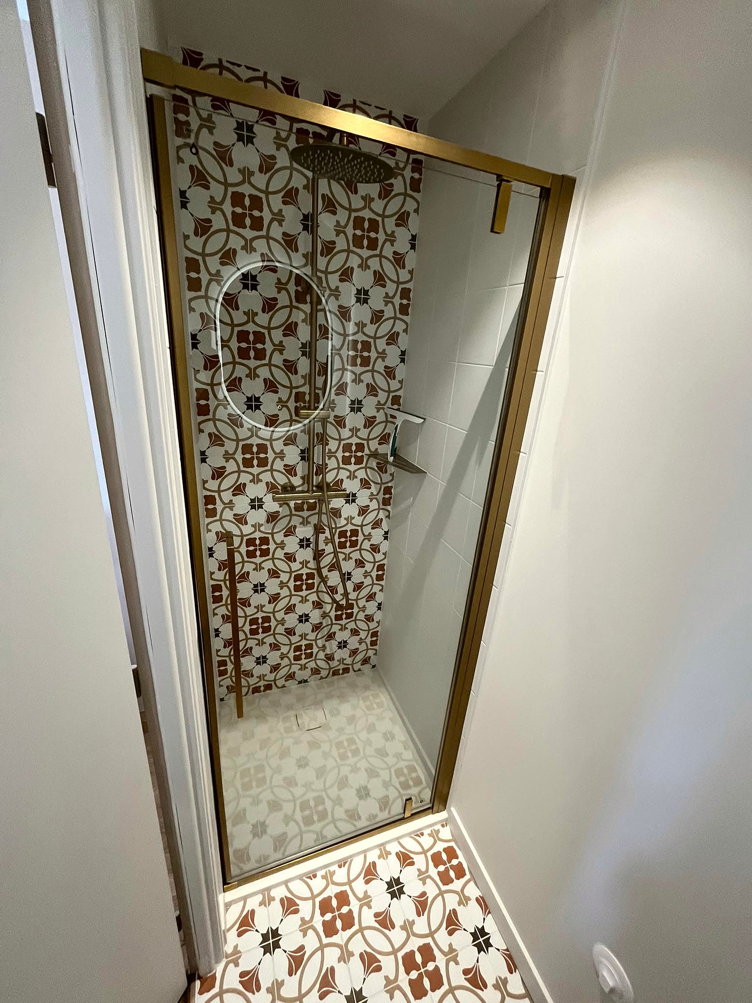 Douche et carreaux de ciment détartrés
